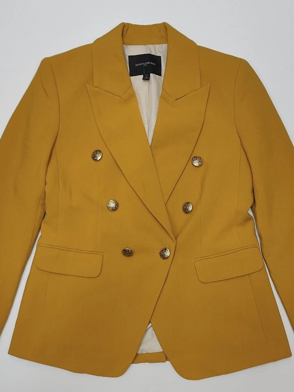 Banana Republic Petite 2P Mustard Yellow Double Breasted Blazer Gold Buttons